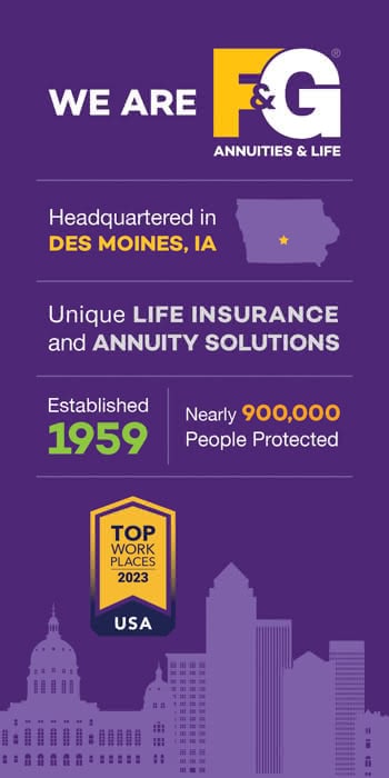 infographic featuring statistics and information about F&G on a purple background above the Des Moines skyline